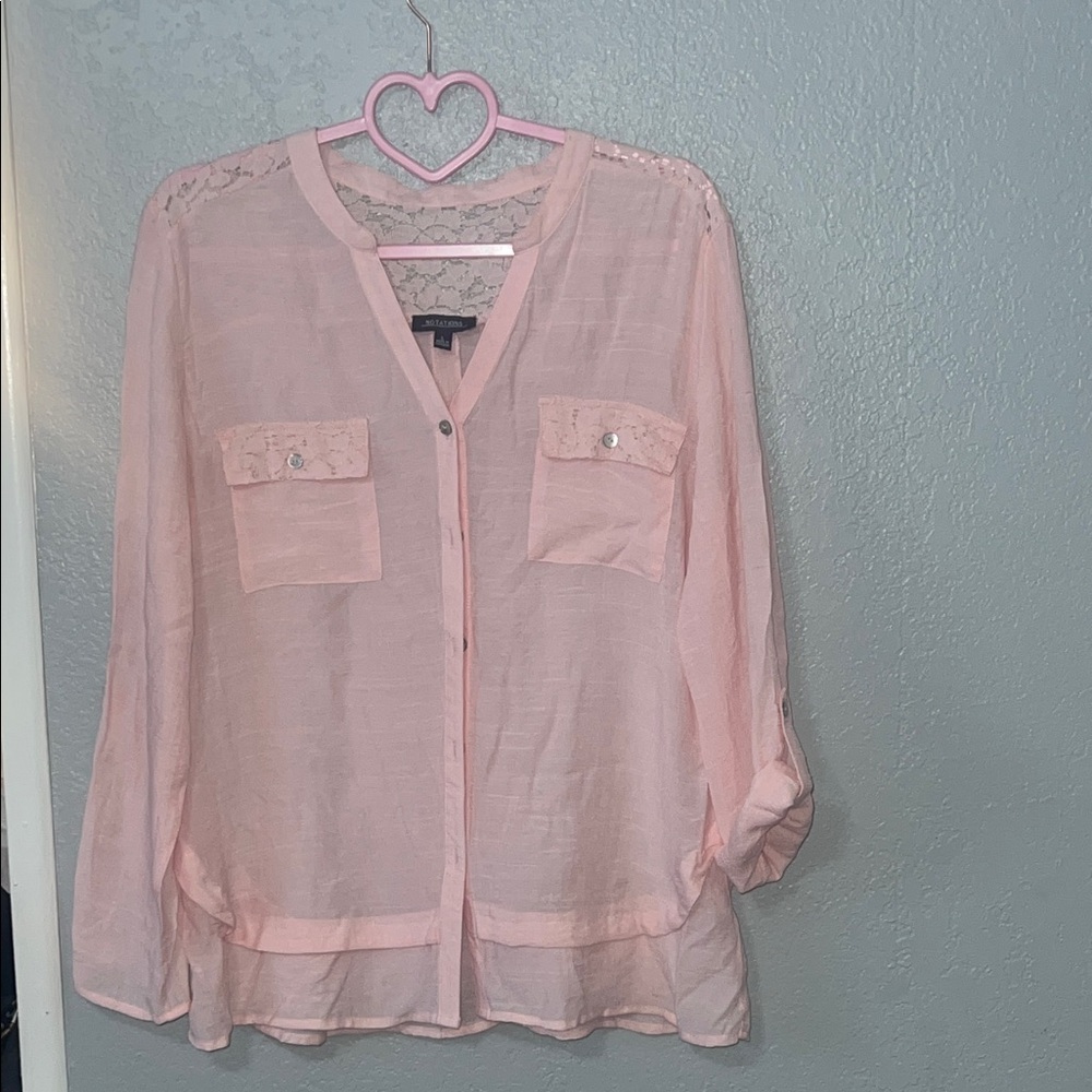 NOTATIONS Light Pink Lace Yoke Sheer Button-Front Women's Top SIZE L